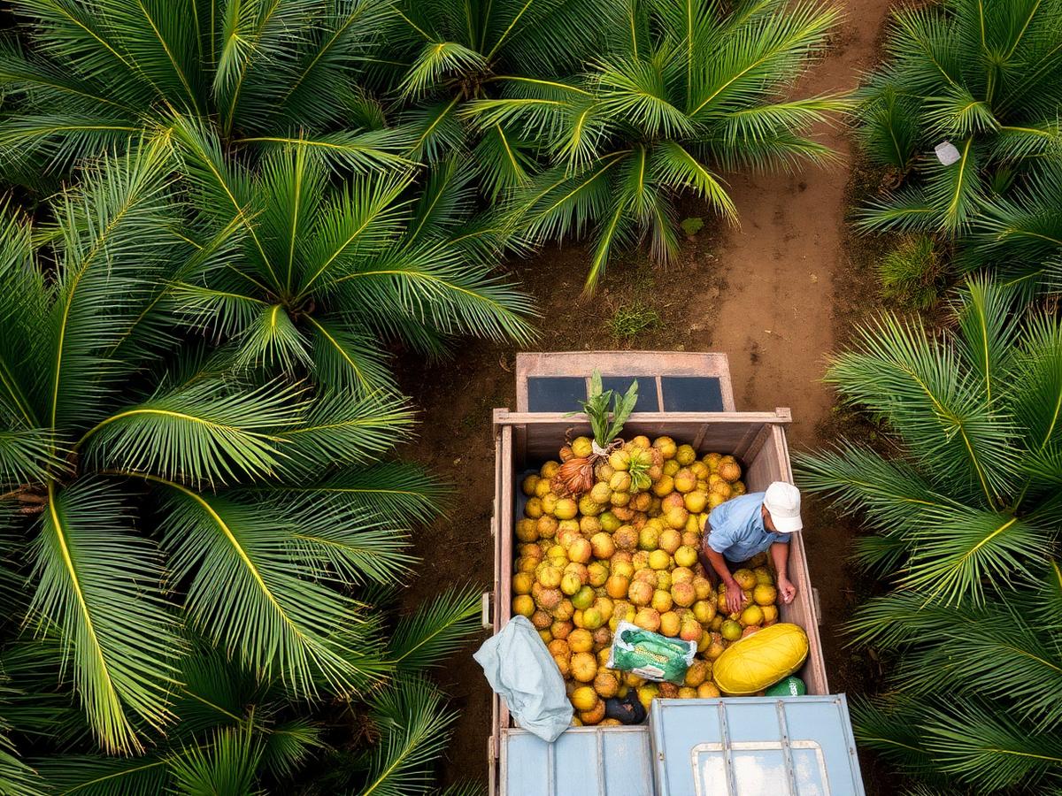 Aerial view of an oil palm plantation truck being loaded